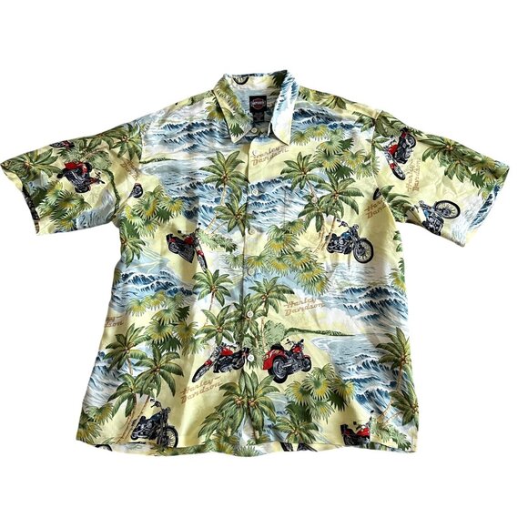 Harley-Davidson Tori Richard 2XL Hawaiian Shirt 100% Silk Palm & Motorcycles - Picture 1 of 11